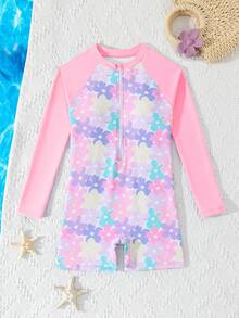 SHEIN 新款时尚少女粉色碎花连体泳衣，休闲优雅奢华，针织面料，拉链设计方便穿脱，适合海滩、度假、海边游泳，是夏季游泳的完美之选 - 淺粉色 - 查看 5