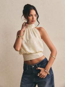 Poéselle 女士纯色露背系带性感百搭上衣，适合约会和外出穿着 - 鵝黃色 - 查看 4