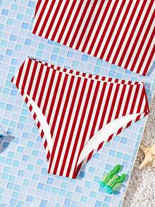 SHEIN Conjunto de traje de baño de camiseta y bikini triangular minimalista casual para niñas preadolescentes, adecuado para el verano - Multicolor - Ver 4