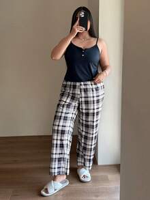 SHEIN Plaid Print V-Neck Button-Up Design Camisole & Pants Pajama Set, Plus Size - Navy Blue - View 6