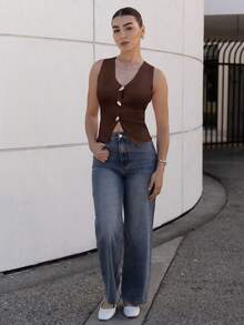 Andrea Bello Camiseta sin mangas casual de mujer con botones delanteros de unicolor, para verano en otoño/invierno - Café integral - Ver 6