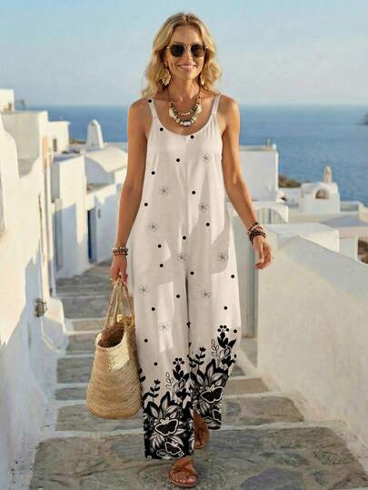 SHEIN LUNE 女士休闲简约印花连体裤，适合度假和夏季穿着