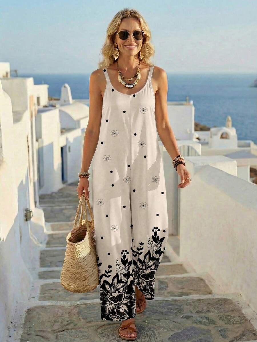 SHEIN LUNE Bộ áo liền quần nữ in họa tiết tối giản, phong cách thường ngày, đa năng cho kỳ nghỉ, phù hợp cho mùa hè. - trắng - Xem 1