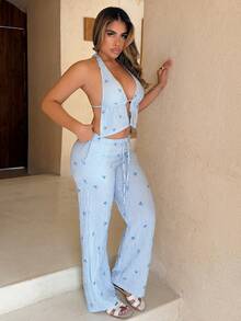Maria Perezxox 2 Pezzi Completo Donna Canotta Senza Schienale Con Fiocco E Stampa A Righe Blu E Pantaloni Intrecciati - Blu - Visualizzare 3