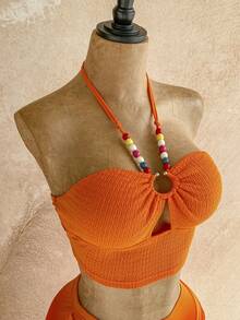 Soleia Bộ đồ hai mảnh màu cam dệt kim dành cho nữ, áo yếm đính hạt và chân váy dài ngắn thắt eo. - Nhiều màu - Xem 4