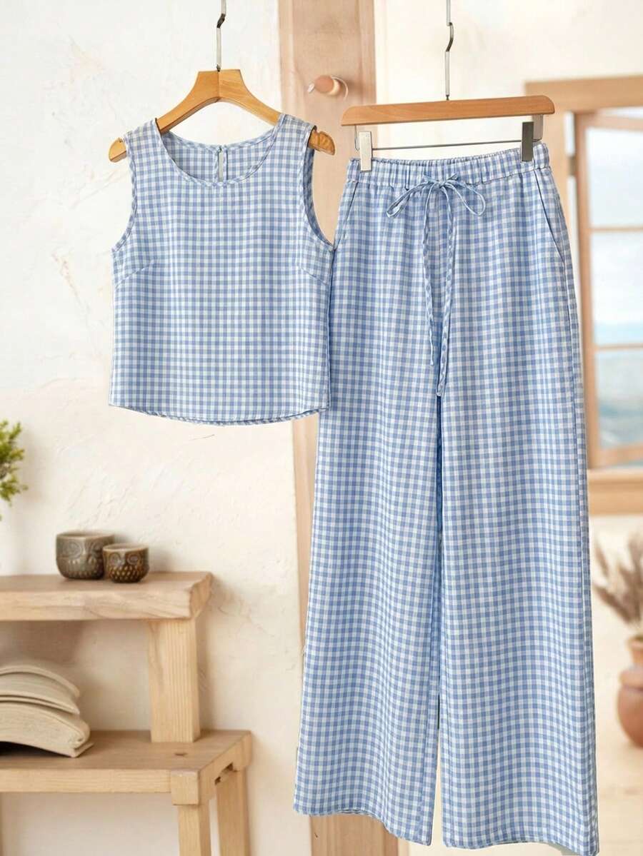 Rusticease Women's Plaid Round Neck Top And Drawstring Waist Wide Leg Pants Casual 2 Pieces Set Women Vacation Outfit Sets Women Summer Outfits 2 Piece Women S Summer Co Ord Women 2 Piece Outfit Casual - Blue and White - View 1