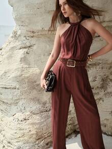 MOTF PREMIUM WOMEN'S HALTER NECK LINEN JUMPSUIT, SPRING/SUMMER - Brown - View 7