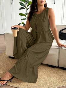 SHEIN Frenchy Plus Size Summer Casual Versatile Multi-Layer Ruffle Patchwork 2 Pieces Set, Women Top + Pants, Suitable For Daily Wear And Beach Vacation - Coffee Brown - View 6