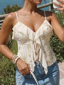 Lounesse 大码女式亮片装饰荷叶边吊带背心 白色细肩带上衣 白色吊带背心 海贝吊带背心 3D花朵吊带背心 春夏女式外出上衣 春夏休闲优雅度假上衣 - 杏色 - 查看 5