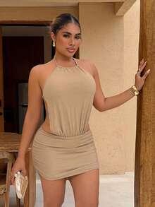 Sexy Backless Halter Metallic Glitter Mini Dress For Party - Gold - View 6