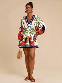 Travachic V-Neck Long Sleeve Printed Mini Dress For Women, Vacation - Multicolor - View 3