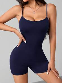 SHEIN PETITE 休閒簡約純色細肩帶連身褲，適合夏季，緊身女款，適合嬌小女性 - 藏蓝色 - 查看 7