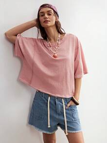 Bohemela Áo thun nữ dệt kim cổ tròn, tay ngắn, màu trơn, dáng rộng, không lưng, kiểu dáng thường ngày. - Bụi hồng - Xem 5