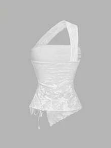 SHEIN MOD 白色不对称吊带修身抽绳开衩下摆蕾丝女式吊带背心 – 波西米亚风，适合海滩度假、约会、派对、春夏装、春假、度假、野餐、节日、生日等场合 - 白色 - 查看 4