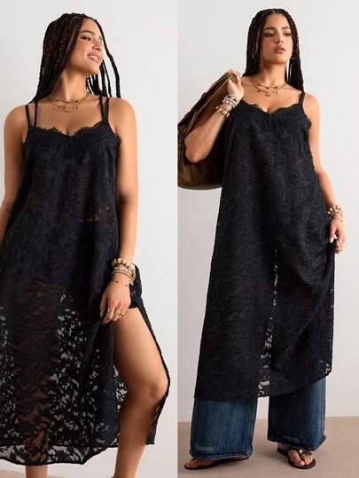 Freevana Vestido de tirantes elegante con encaje floral para mujer de talla grande