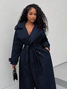 Alexandranx Áo khoác trench coat dài màu cà phê, chống gió, ấm áp, cạp chun, cài hai hàng khuy, phong cách Anh đa năng cho mùa thu/đông - Màu xanh hải quân - Xem 1