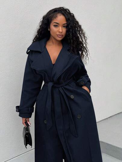 Alexandranx Áo khoác trench coat dài màu cà phê, chống gió, ấm áp, cạp chun, cài hai hàng khuy, phong cách Anh đa năng cho mùa thu/đông