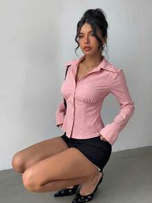 Aloruh 女士新款优雅春夏通勤及日常穿着简约百搭白色短袖收腰褶裥长袖衬衫 - 藕粉色 - 查看 4