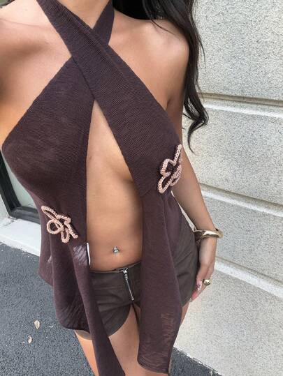 Aloruh Women's Vacation Halter Backless Starfish Crochet Contrast Color Knit Top, Sexy Beachwear Crochet Vest, Brown Contrast Color