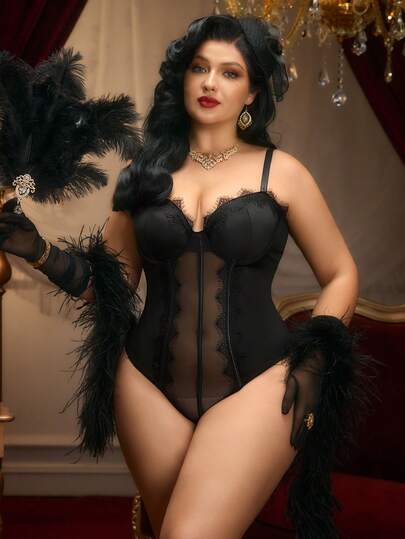 PinupPomp Áo liền thân gợi cảm cỡ lớn, kiểu dáng tối giản, phối ren, gọng thép, ôm sát, tôn dáng.