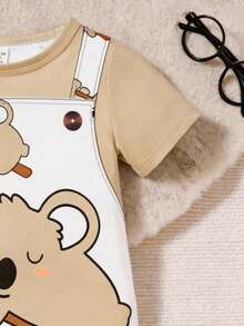 SHEIN GraphicGems Quần yếm ngắn tay cổ tròn in hình động vật dễ thương cho bé trai, thích hợp mặc mùa hè. - Màu Khaki - Xem 3