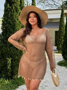 Swim Vcay Nuevo traje de baño de malla de unicolor para primavera/verano 2026, elegante cubierta de playa de manga larga con decoración de concha - Óxido marrón - Ver 5
