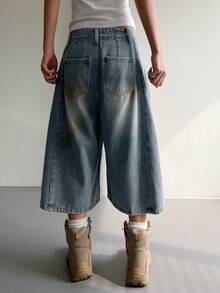 DAZY Western Cowgirl Distressed Washed Loose Straight Capri Jeans Casual Shorts For Women, Spring/Summer Jorts - Blue - View 2