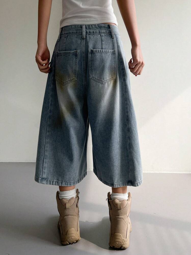 Western Cowgirl Distressed Washed Loose Straight Capri Jeans Casual Shorts For Women, Spring/Summer Jorts