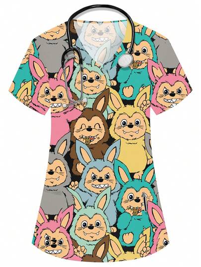 PopScrub Damen Mehrfarbiges V-Ausschnitt Kurzarm Doppeltasche Süßes Tier Muster Kasack, Cartoon Tier Muster Krankenschwester Doktor Arbeitsuniform, einfarbige Tiergrooming Arbeitskleidung, Ernährungsberater Laborkittel, funktionale Mehrtaschen Arbeitskleidung, niedliches Urlaubsoutfit