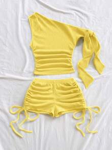 Soleia 春夏新款休闲度假西部海滩婚礼宾客着装毕业早午餐圣帕特里克节春假复活节音乐节优雅波西米亚热带风情针织绿色不对称肩部系带抽绳单肩两件套女装 - 黃色 - 查看 3