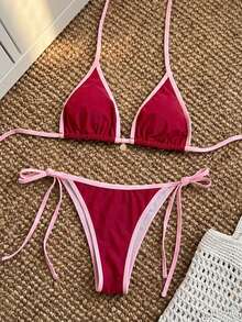 Swim Mod Nuevo conjunto de bikini con copa triangular, traje de baño sexy con ribete de contraste de color, traje de baño de playa, bikini rojo de 2 piezas, conjunto de bikini para mujer, bikini con lazos laterales - Burdeos - Ver 3