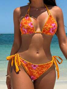 Swim Vcay Bộ bikini hai mảnh in hoa dành cho nữ, kiểu dáng yếm cổ, thời trang mùa hè. - Màu vàng - Xem 4