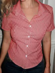 Turnttoni Women's Street Style Print Button Down Short Sleeve Shirt, Summer - Red - View 3