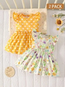 SHEIN 2pcs/Set Newborn Baby Girls' Dresses,Ditsy Floral & Yellow Heart Pattern Ruffle Sleeve,Cute Summer Soft Summer Colour Palette For Photo Shoot Parties - Multicolor - View 8