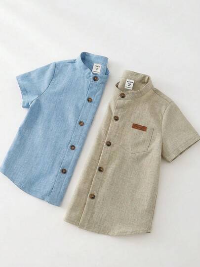 SHEIN 两件装男童休闲韩版纯色翻领宽松衬衫，两种颜色可选，每款可买一套或两套，适合上学、居家、度假、运动穿着，适合春夏季节，买一送一，两件超值优惠，送礼佳品。