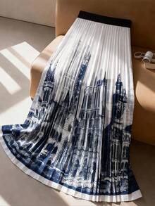 GlowEve CURVE Gonna ampia plissettata con stampa a tema castello, stile a-line, per donne taglie forti, adatta per l'estate - Blu - Visualizzare 2
