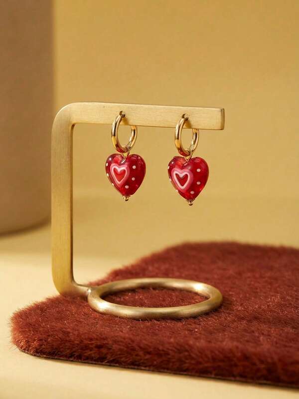 Joivida 2026 New Asymmetric Red Glass Heart Ring Earrings For Men And Women, Fashion Enamel Heart, Rainbow Ring Earrings, Charming Pink Heartangle Earrings, Couple Fashion Accessories Gift
