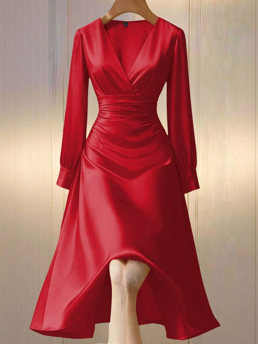 SHEIN LUNE 女士优雅缎面V领派对礼服,光泽面料,女士优雅红毯礼服,女士正装,女士礼服,女士优雅连衣裙 - 紅色 - 查看 1