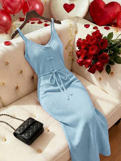 Franclia Early Spring New Vintage Elegant Fashionable V-Neck Spaghetti Strap Paired With New Chinese Style Button Waist Drawstring Waist Slimming Women's Vintage Red Knit Dress