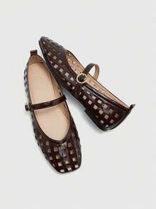 CUCCOO BIZCHIC Spring And Autumn New Products Coffee Brown Flat Bottom Square Toe Fashion Hollow Comfortable Women's Flat Bottom Shoes - Coffee Brown - View 5