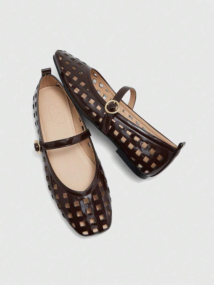 CUCCOO BIZCHIC Spring And Autumn New Products Coffee Brown Flat Bottom Square Toe Fashion Hollow Comfortable Women's Flat Bottom Shoes