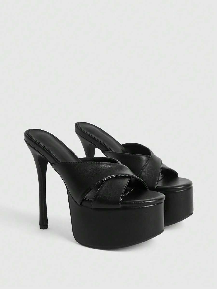 CUCCOO LuxiPop 女士细高跟防水厚底凉鞋，交叉绑带设计，黑色性感夜店鞋，适合度假、旅行，2000年代风格 - 黑麻麻 - 查看 1