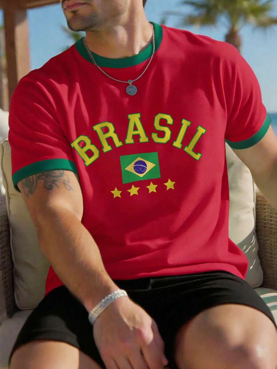 Manfinity Homme Men's Patchwork T-Shirt Manfinity Hypemode, Green & Yellow Brazil Football Sports & Letter Print Pattern, Contrast Color Short Sleeve - Red - View 1