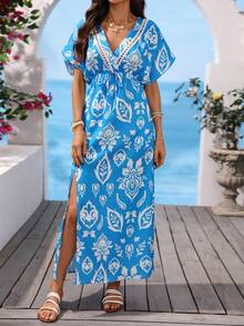 Vivid Eden Vacation, Women's Vacation Outfit, Summer Outfit, Floral Print, Lace Patchwork, V-Neck Blue Long Dress With Dolman Sleeves,Summer Dresses For Women Resort Wear Women Vacation Dress Resort Dress For Women Boho Beach Dress Zanea Dress For Woman Yisikado Dress - Blue - View 10