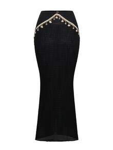 Swim Oasis Women's Summer Textured Solid Color Fabric Random Shell & Starfish Decor One-Piece Swimsuit With Skirt 2-Piece Set - Black - View 6