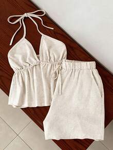 Franclia 2 pièces Ensemble de débardeur et short en lin d'été pour femmes - Nude - Voir 4