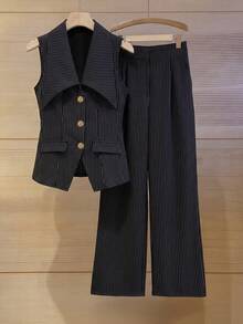 SHEIN Elenzya 无袖收腰外套搭配直筒裤，条纹面料，优雅女士套装 - 彩色 - 查看 3