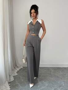 SHEIN Elenzya Elegant Sleeveless Vest & Pleated Pocket Suit Pants Two Pieces Set For Women, Summer - Grey - View 7