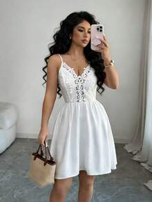 Elenzga Sleeveless Floral Lace Patchwork Elastic Waist A-Line Elegant Casual Sexy Summer Beach Dress For Women - White - View 8