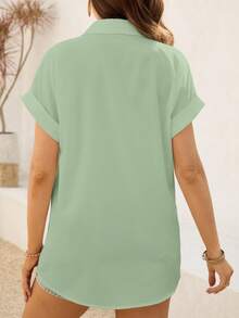 SHEIN 孕妇纯色短袖单排扣休闲衬衫 - 綠色 - 查看 2